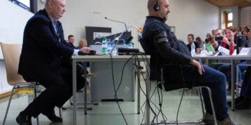 Special Agent James Shackelton, an Army CID Polygraph Examiner conducts a live demonstration on the use of the polygraph on a willing volunteer from the audience an the 31st International Forensic Seminar in Baden-Württemberg Polizei Hochschule Sept. 18, 2024.