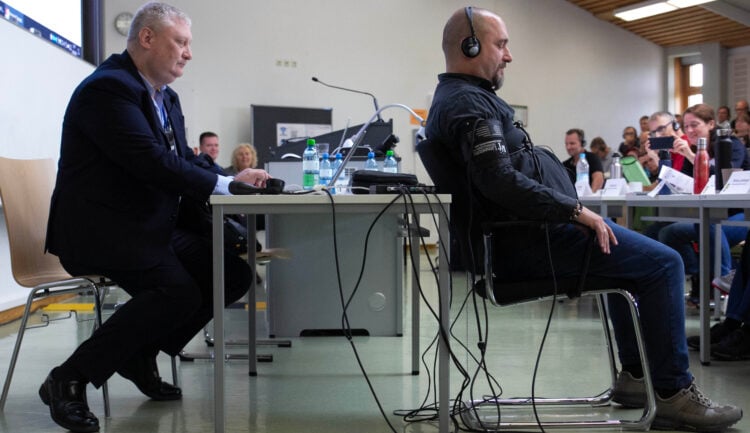 Special Agent James Shackelton, an Army CID Polygraph Examiner conducts a live demonstration on the use of the polygraph on a willing volunteer from the audience an the 31st International Forensic Seminar in Baden-Württemberg Polizei Hochschule Sept. 18, 2024.