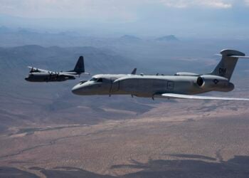 A U.S. Air Force EC-130H Compass Call aircraft and an EA-37B Compass Call aircraft assigned to the 55th Electronic Combat Group fly in formation over Southern Arizona, Sept. 3, 2026. Together in formation for the first time, the aircraft symbolize the continuation of a critical combat capability that enables U.S. and coalition forces to disrupt, deny and degrade adversary command and control networks. (U.S. Air Force photo by Senior Airman Devlin Bishop)