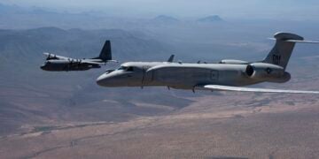 A U.S. Air Force EC-130H Compass Call aircraft and an EA-37B Compass Call aircraft assigned to the 55th Electronic Combat Group fly in formation over Southern Arizona, Sept. 3, 2026. Together in formation for the first time, the aircraft symbolize the continuation of a critical combat capability that enables U.S. and coalition forces to disrupt, deny and degrade adversary command and control networks. (U.S. Air Force photo by Senior Airman Devlin Bishop)