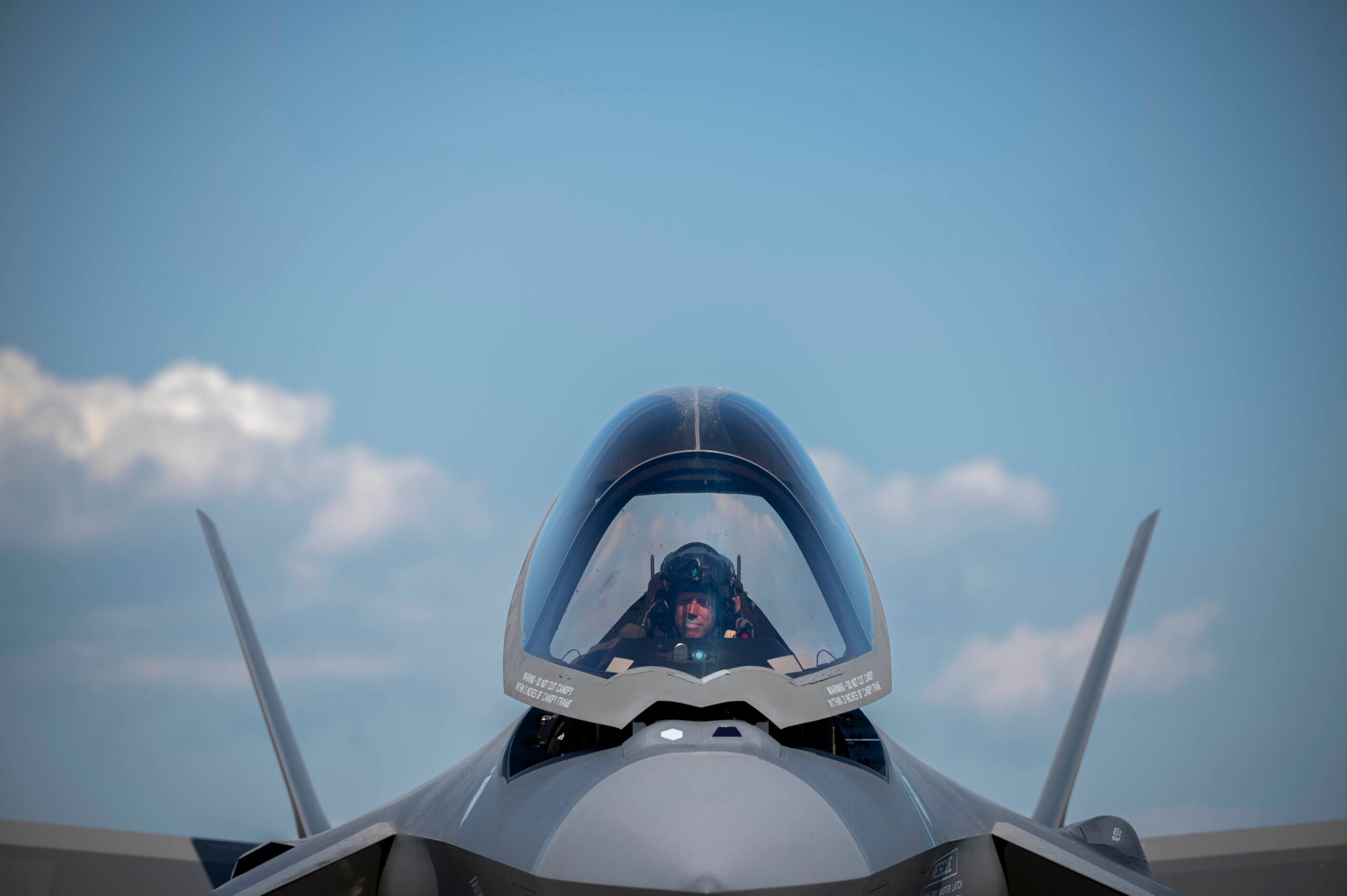 The canopy of a U.S. Air Force F-35A Lightning II aircraft opens after its arrival to Tyndall Air Force Base, Florida, Aug. 1, 2023. The F-35's arrival at Tyndall brings with it opportunities for increased training, collaboration and interoperability with other military branches and allied nations. The base will serve as a hub for F-35 operations, providing a platform for pilots and ground crews to develop and refine their skills in operating this cutting-edge aircraft. (U.S. Air Force photo by Senior Airman Tiffany Del Oso)