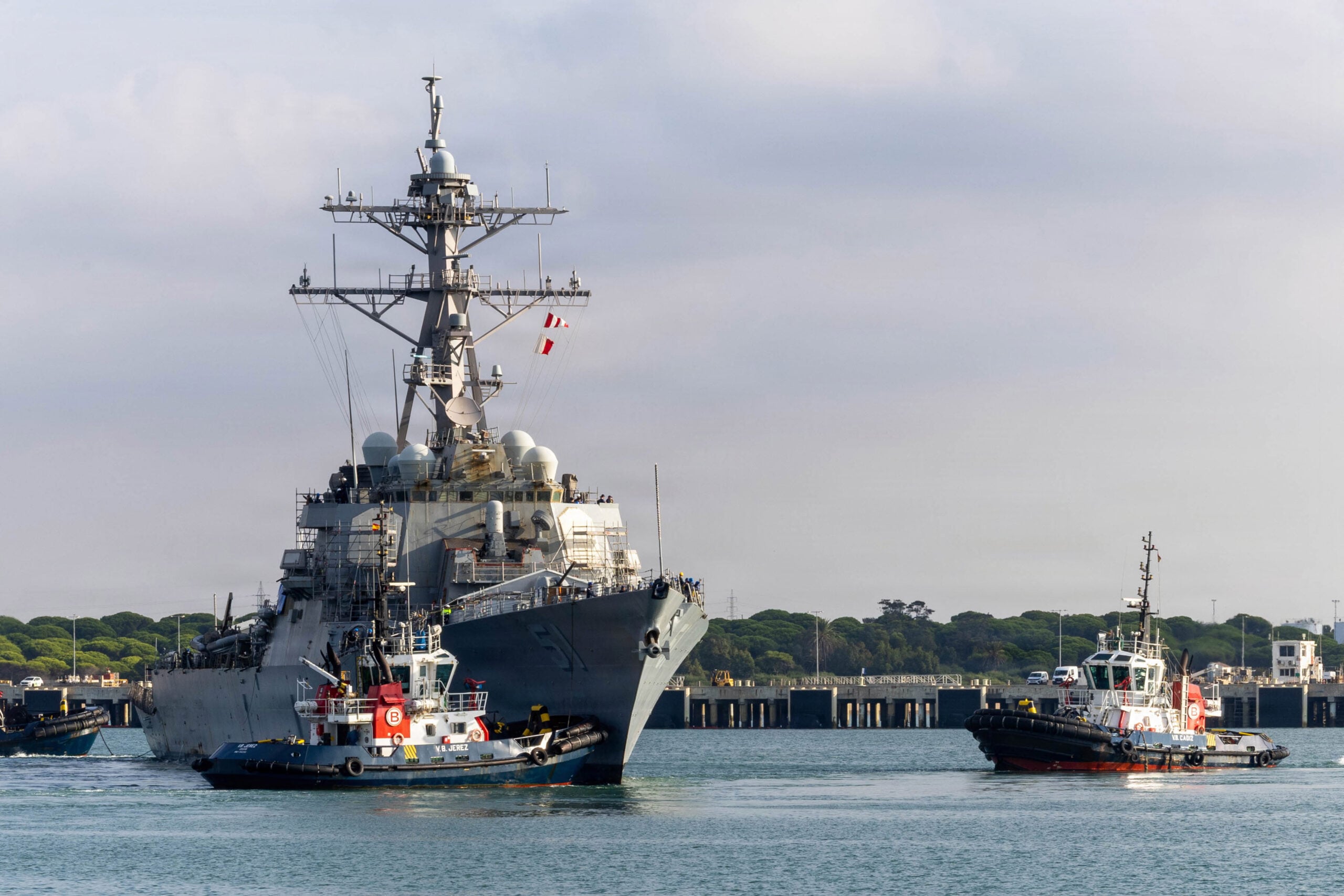 Arleigh Burke-class guided-missile destroyer USS Arleigh Burke (DDG 51) departs Naval Station Rota, Spain, ahead of dry docking at Navantia Shipyard in Cadiz Oct. 7, 2026. The evolution marks the first dry docking of a U.S. Navy warship in the U.S. 6th Fleet area of operations since the arrival of Forward Deployed Naval Forces-Europe destroyers and aims to expand forward deployed maintenance capability and readiness generation. (U.S. Navy photo by Mass Communication Specialist 2nd Class Christopher William Perez Mazuca)