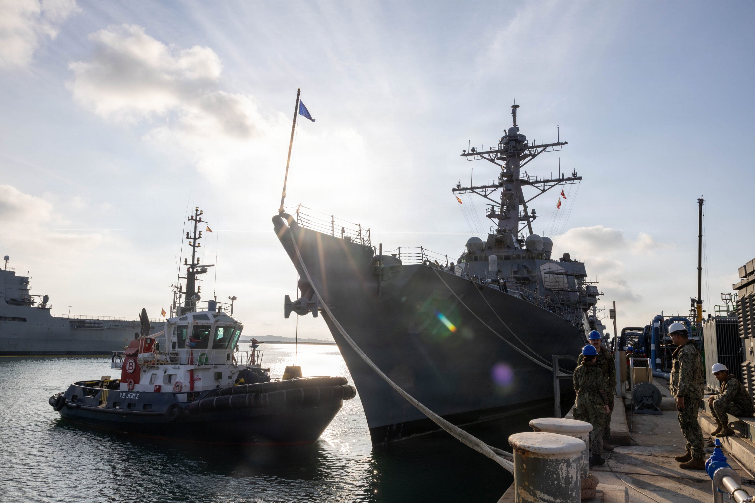 Arleigh Burke-class guided-missile destroyer USS Arleigh Burke (DDG 51) departs Naval Station Rota, Spain, ahead of dry docking at Navantia Shipyard in Cadiz Oct. 7, 2026. The evolution marks the first dry docking of a U.S. Navy warship in the U.S. 6th Fleet area of operations since the arrival of Forward Deployed Naval Forces-Europe destroyers and aims to expand forward deployed maintenance capability and readiness generation. (U.S. Navy photo by Mass Communication Specialist 2nd Class Christopher William Perez Mazuca)